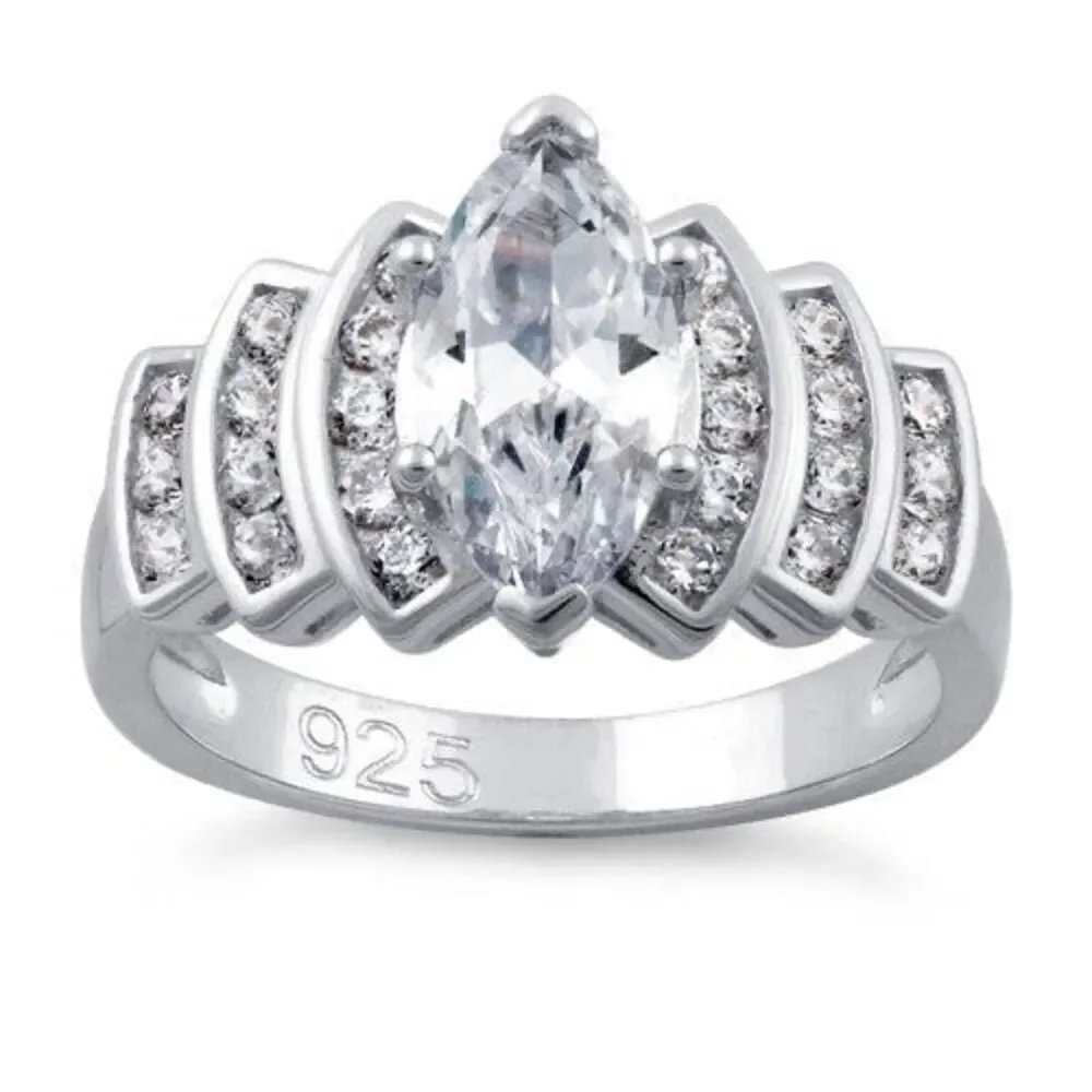925 Sterling Silver Marquise Cut Clear CZ Tiered Cluster Engagement Ring Size 6
